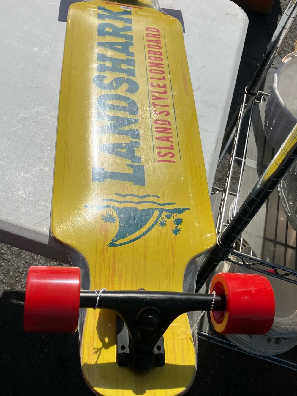 Landshark Island-Style Yellow Longboard with Red Wheels